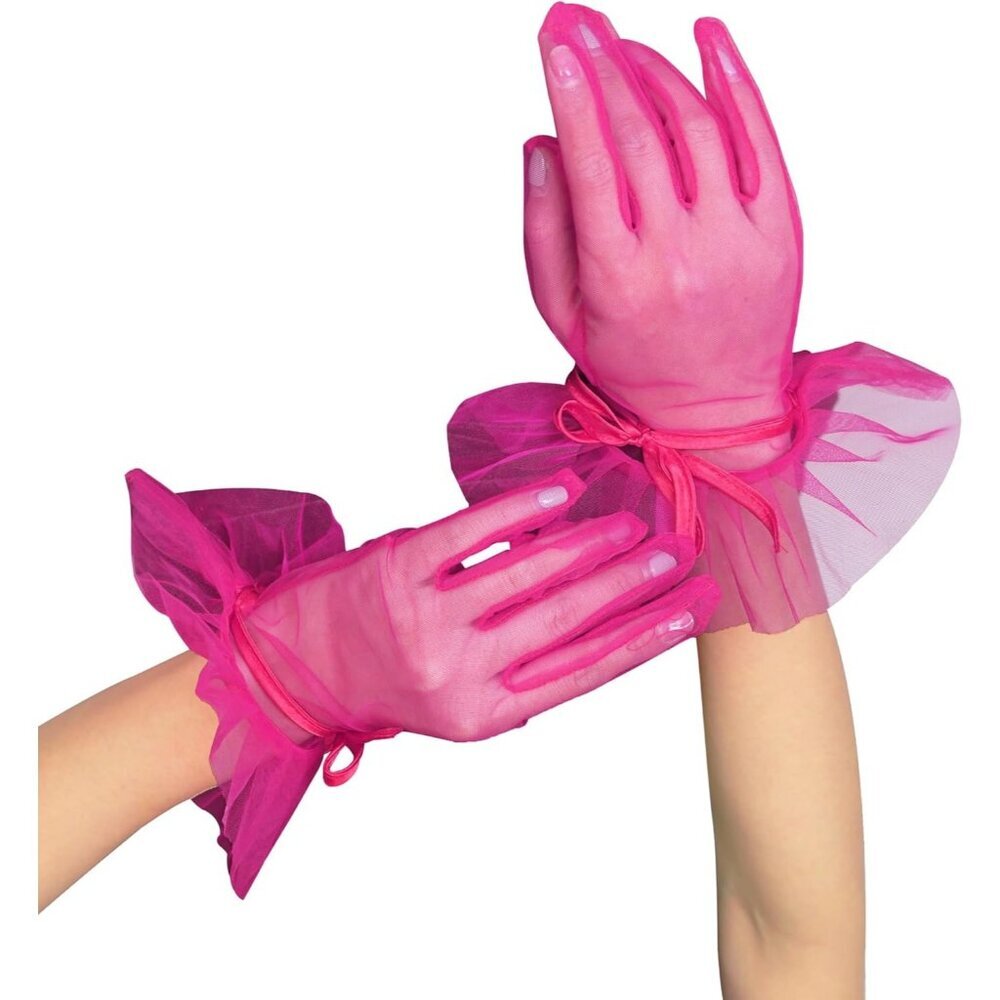 Women's Evening Fuschia Ruffles Mesh Tulle Short Gloves Wedding Party Accessory